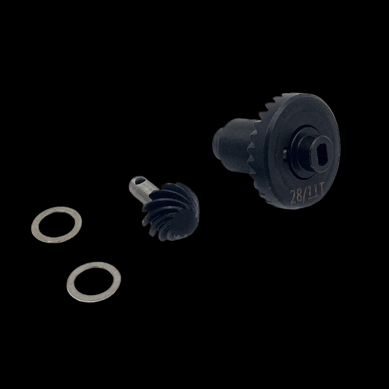 Two black gears and two washers on a white background