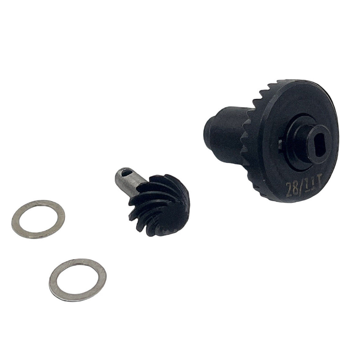Two black gears and two washers on a white background